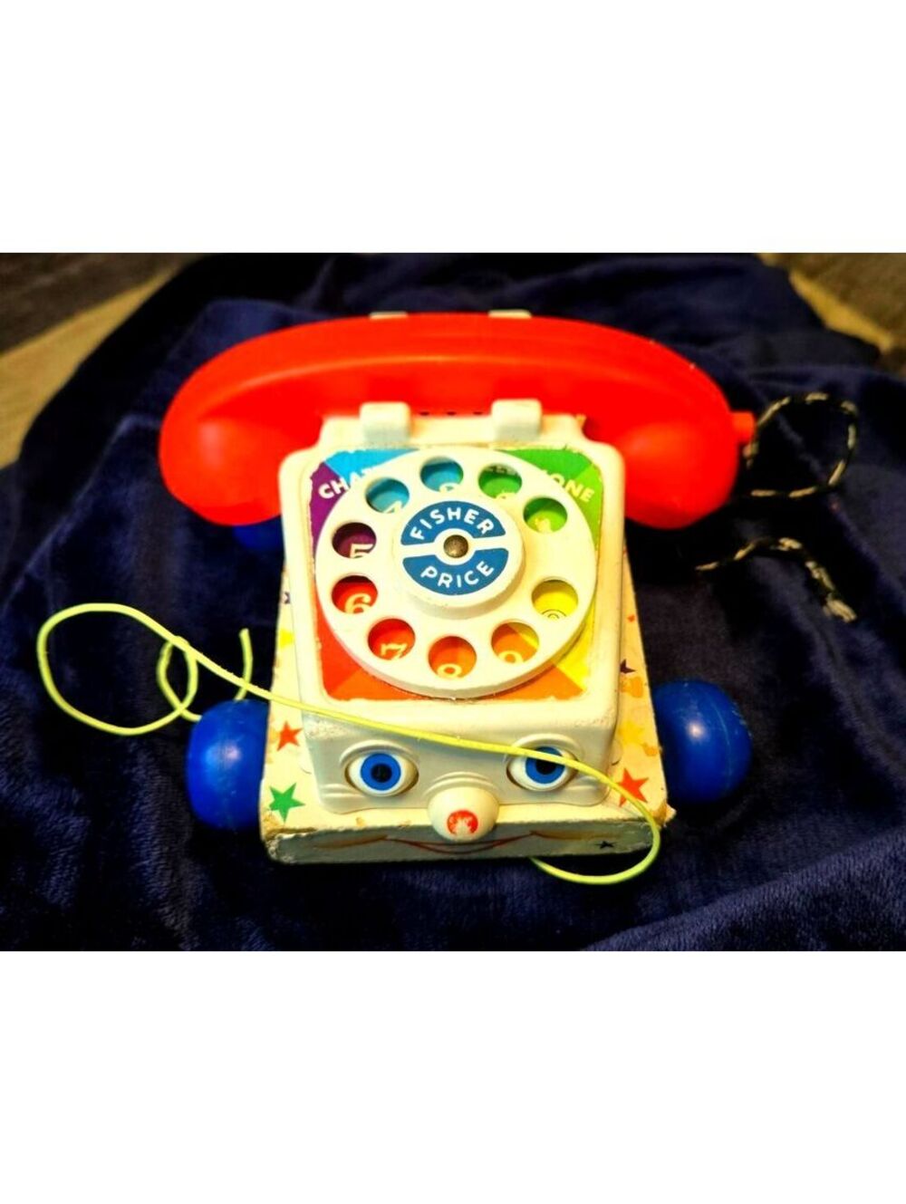Vintage Fisher-Price Chatter Phone #747 – Classic Wood Base Pull Toy (Fair Condi